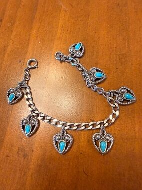 Sterling-Style Silver Heart Charm Bracelet with Turquoise Accents